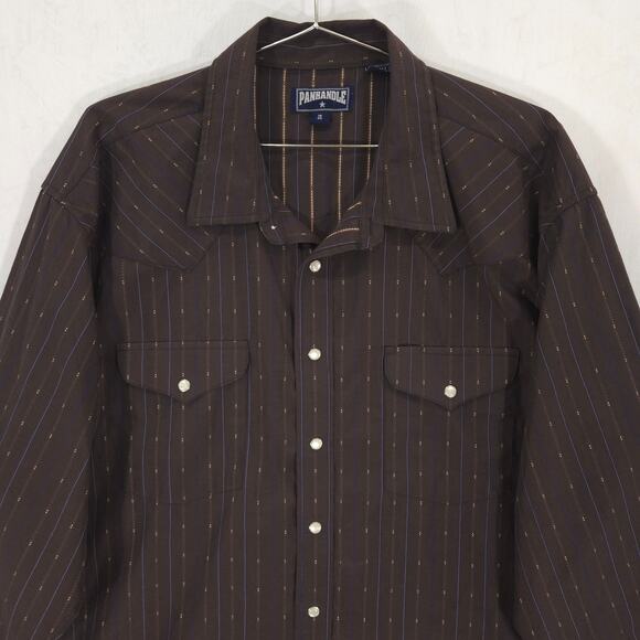 Panhandle Shirt Mens 18-35 Big Brown Striped Western Long Sleeve Pearl Snap - Picture 2 of 14